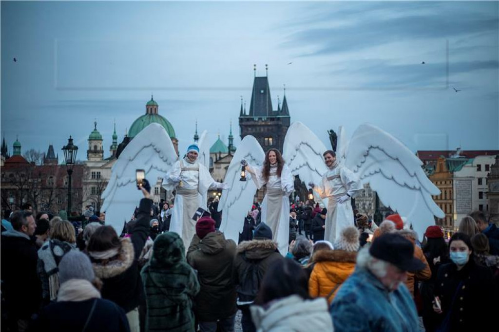 &lt;p&gt;Prague, Czech Republic, 05 December 2021. Three artists walked on stilts and wished a Merry Christmas to people&lt;/p&gt;
