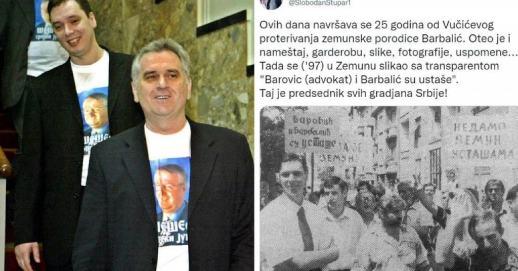 &lt;p&gt;Aleksandar Vučić i Tomislav Nikolić s fotografijom Vojislava Šešelja na majici (lijevo), Vučić ispred stana obitelji Barbalić&lt;/p&gt;
