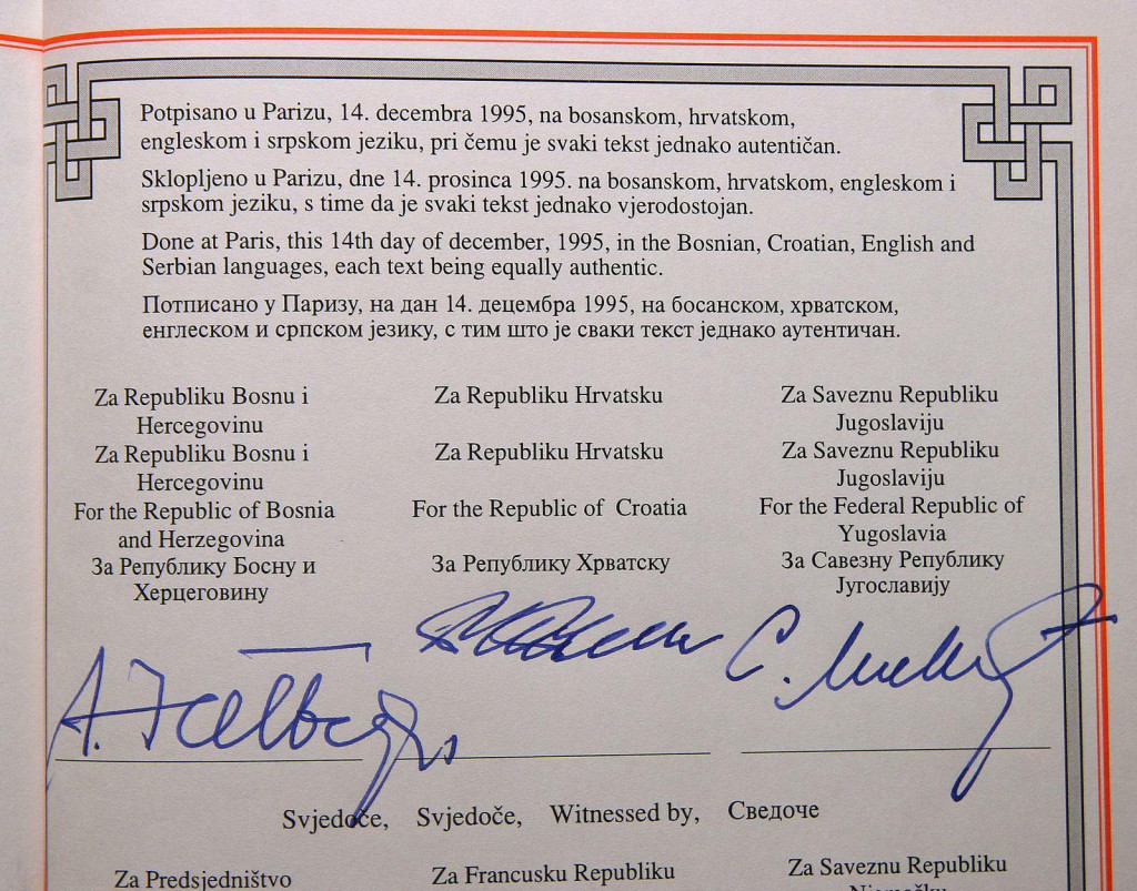 &lt;p&gt;15.02.2008., Zagreb - Opci okvirni sporazum za mir u BiH u Ministarstvu vanjskih poslova koji su potpisali Alija Izetbegovic, Franjo Tudjman, Slobodan Milosevic i Bill Clinton. rPhoto: Tomislav Miletic/PIXSELL&lt;/p&gt;

