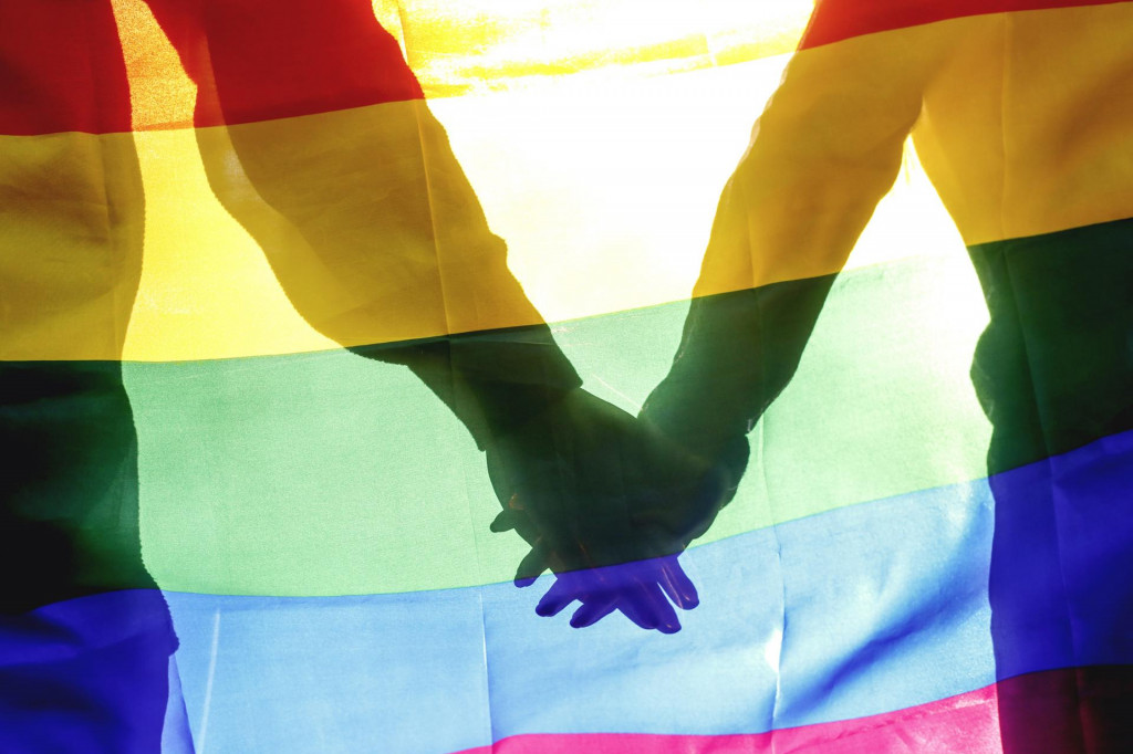 &lt;p&gt;People, homosexuality, same-sex marriage, gay and love concept - close up of happy male gay couple hugging and holding rainbow flag&lt;/p&gt;
